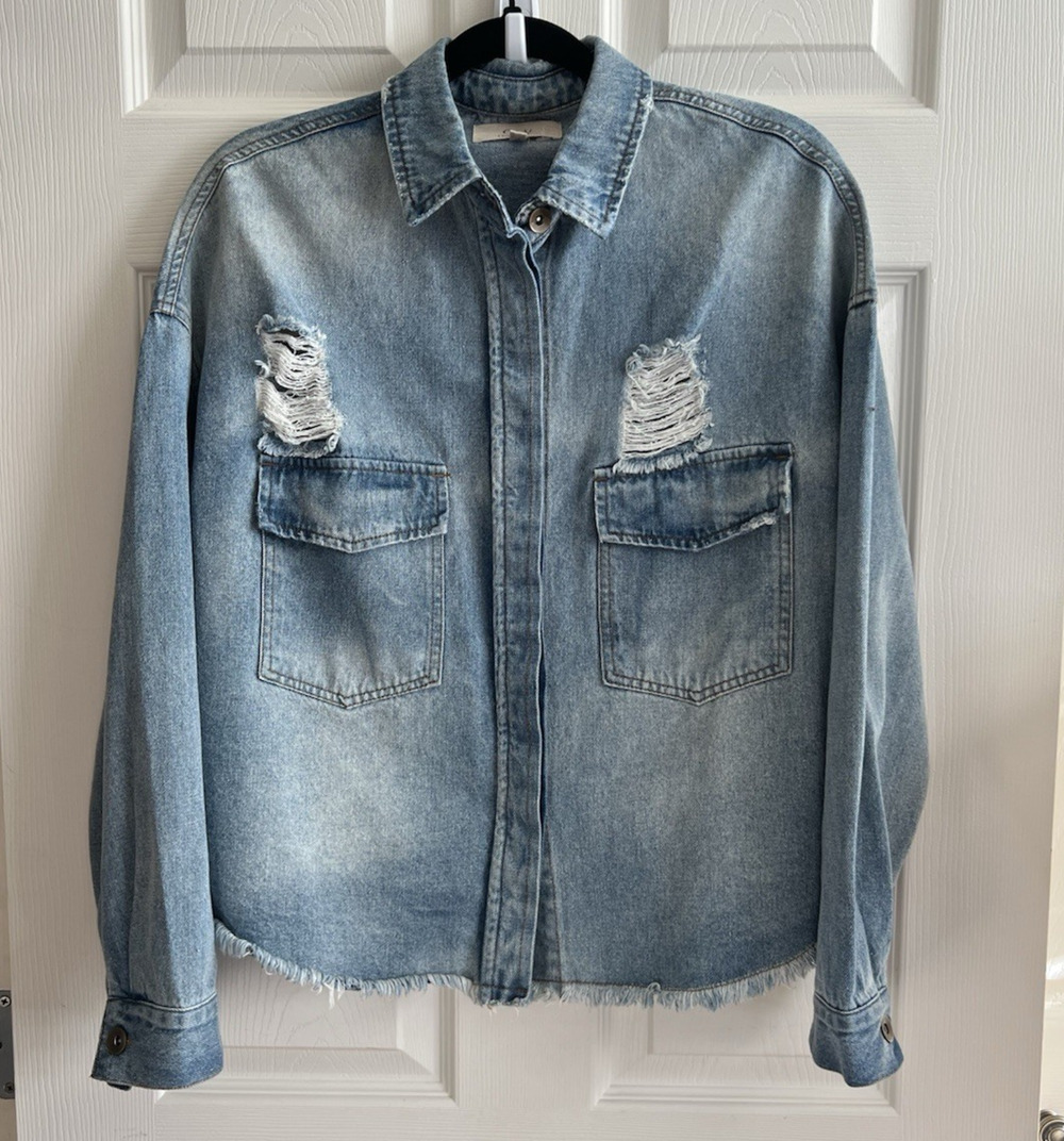 CHELSEA & VIOLET Distressed Light Wash Denim Jean Shirt-Jacket Shacket Sz S